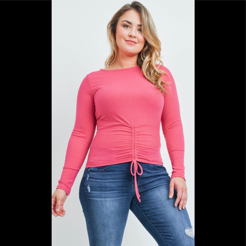 Plus Size Long Sleeve Round Neck Ruched Front Detail Ribbed Knit Fitted Top 3pk